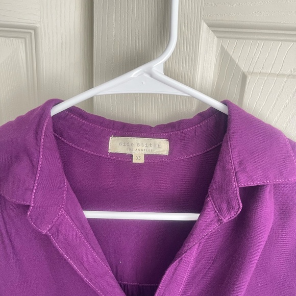Side Stitch women's purple 3 Buttons Curved Hem Top roll-up sleeve. #222 - Picture 7 of 14